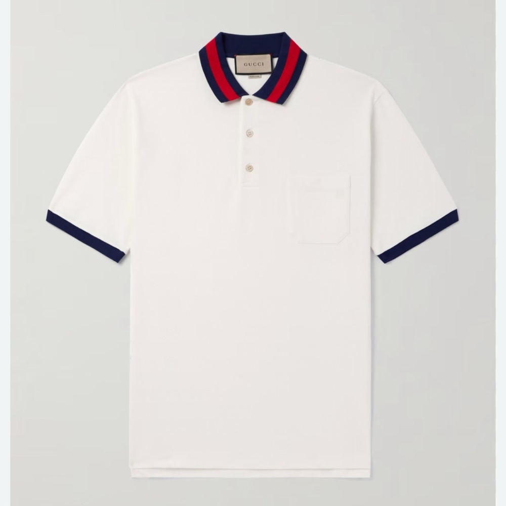 GUCCI (Authentic) 
Logo-Embroidered Cotton-Blend Piqué Polo Shirt